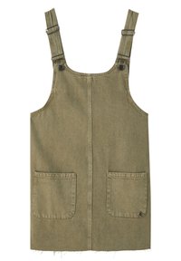 Robe salopette en denim vert avec deux poches avant, bretelles ajustables et ourlet effiloché. Design simple avec une silhouette droite.