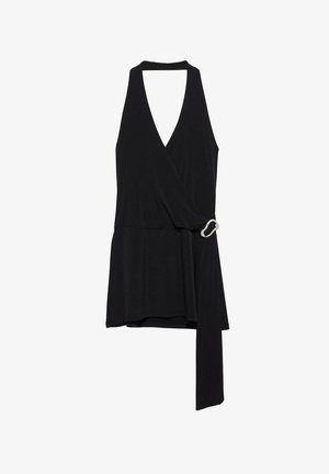 Črna brezrokavnica z globokim V-izrezom, ovitjem in stranskim trakom s srebrnim obročkom. Mehka, fluidna tkanina z gladko teksturo.