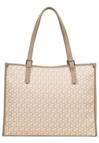 Sac fourre-tout beige avec un motif géométrique texturé, doté de poignées robustes couleur tan et d'une garniture en cuir lisse. Intérieur doublé pour plus de durabilité.