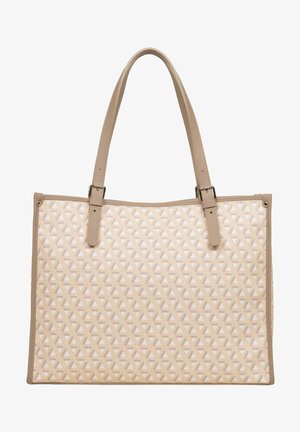 Sac fourre-tout beige avec un motif géométrique texturé, doté de poignées robustes couleur tan et d'une garniture en cuir lisse. Intérieur doublé pour plus de durabilité.