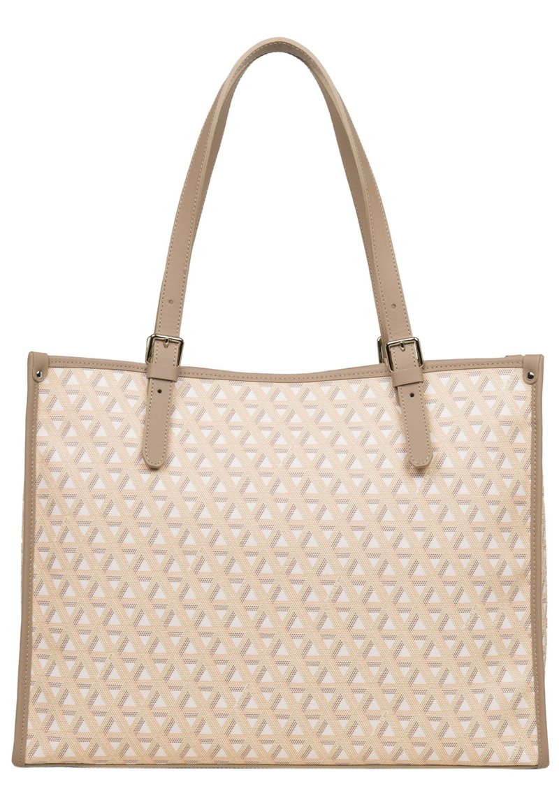 Sac fourre-tout beige avec un motif géométrique texturé, doté de poignées robustes couleur tan et d'une garniture en cuir lisse. Intérieur doublé pour plus de durabilité.