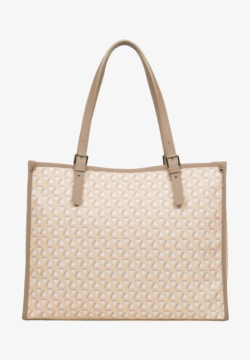 Sac fourre-tout beige avec un motif géométrique texturé, doté de poignées robustes couleur tan et d'une garniture en cuir lisse. Intérieur doublé pour plus de durabilité.