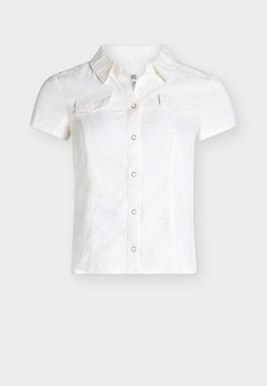 White short-sleeve button-up shirt with collar and two chest flap pockets, displayed on a light gray background.