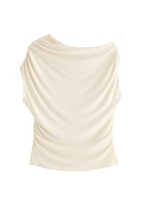 Kremfarvet top med draperet design, korte ærmer og gathered detaljer på siderne, lavet af glat og let stof.