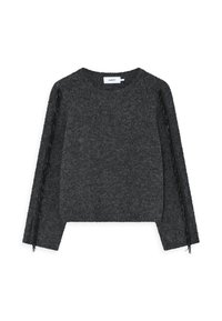 Mørkegrå cropped sweater lavet af blødt strikstof. Har lange ærmer med sort frynse-detalje på siderne og en rund halsudskæring.