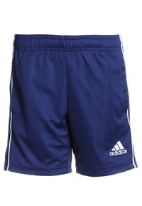 Navy blue athletic shorts made of smooth fabric with white side stripes and an embroidered logo on the lower right side. Elastic waistband.
