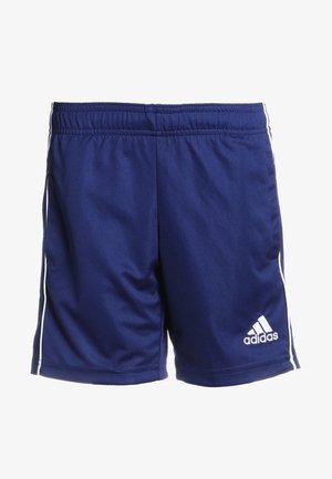 Granatowe sportowe spodenki wykonane z gładkiego materiału, z białymi paskami po bokach oraz haftowanym logo po prawej dolnej stronie. Elastyczny pas.