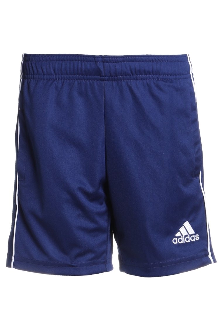Navy blue athletic shorts made of smooth fabric with white side stripes and an embroidered logo on the lower right side. Elastic waistband.