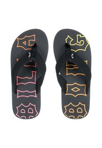 Sorte flip-flops med teksturerede såler og sorte remme, der har farverige mønstre i pink, orange og gul på en grå baggrund.