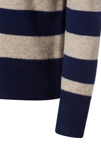 Gestrickter Pullover mit horizontalen Streifen in Marineblau und hellbeige, mit einem gerippten Bündchen und einer weichen Textur.