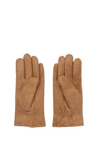 Gants en daim marron avec une finition légèrement texturée, présentant un design à cinq doigts et un accent froncé au niveau du poignet.