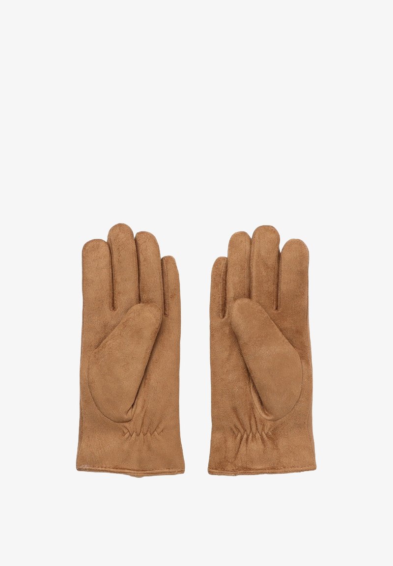 Gants en daim marron avec une finition légèrement texturée, présentant un design à cinq doigts et un accent froncé au niveau du poignet.