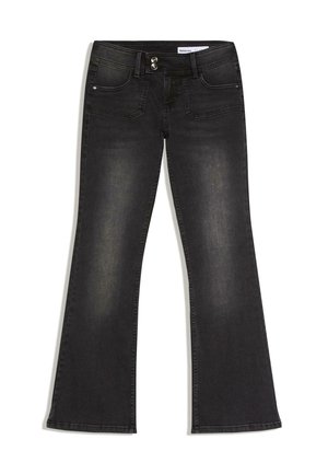 Jean bootcut noir délavé avec poches avant et arrière, fermeture à double bouton et passants de ceinture, étalé à plat sur un fond blanc.