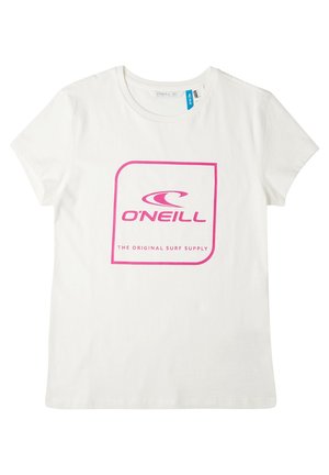 Weißes T-Shirt mit kurzen Ärmeln, rosa O’Neill-Logo und Text "THE ORIGINAL SURF SUPPLY" mittig vorne.