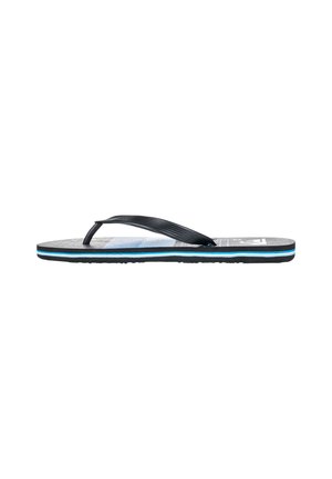 Schwarze Flip-Flops mit strukturiertem Fußbett, dünnen Riemen und blauen Akzenten entlang der Sohle. Leichtes Design, das sich gut für die Freizeit eignet.