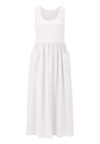 Un vestido maxi blanco sin mangas con un top canalé, cintura fruncida y dos bolsillos laterales, que presenta una tela suave y una silueta relajada.