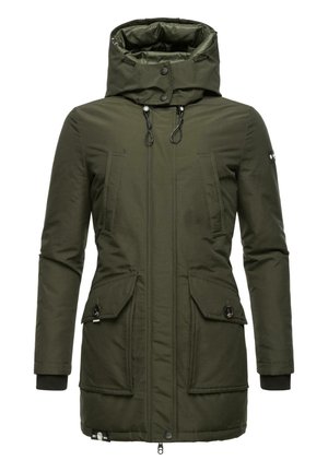 Olijf groene geïsoleerde parka met een hoge kraag, verstelbare capuchon, twee voorzakken en ribgebreide manchetten. Glad materiaal met een ritsclosure.