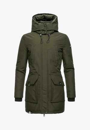 Olive green insulated parka with a high collar, adjustable hood, two front pockets, and ribbed cuffs. Smooth fabric with a zipper closure.