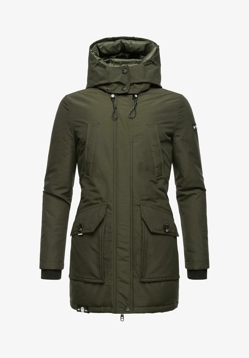 Olive green insulated parka with a high collar, adjustable hood, two front pockets, and ribbed cuffs. Smooth fabric with a zipper closure.