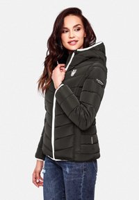 Padded black jacket with white accents, zip closure, and a hood. Features quilted design and a logo on the left shoulder.