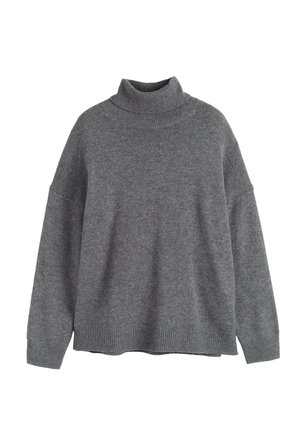 Grau gestrickter Pullover mit lockerer Passform, gerippten Bündchen und Saum sowie einer weichen Strickoberfläche, mit einem hohen Kragen für zusätzlichen Wärme.