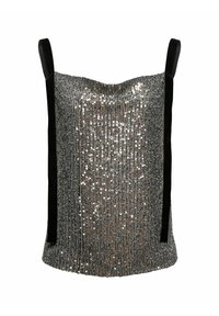 Swarovskými korálky pokrytý top bez rukávů ve stříbrné a černé barvě, se rovný výstřih, dvěmi černými ramínky a přiléhavým designem s třpytivou texturou.