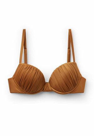Bruine gewatteerde beha met geplooide stof op de cups en verstelbare schouderbanden, platliggend op een witte achtergrond.