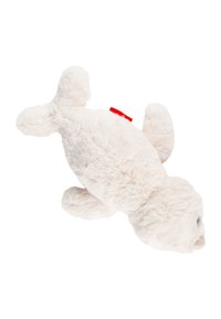 Stuffed seal toy, soft white plush material, oval body shape, short flippers, and a round head with stitched facial features. Red brand tag attached.