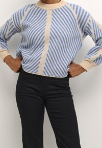 Pull rayé beige clair et bleu avec un col rond, des poignets côtelés et une coupe décontractée. Porté avec un pantalon noir, mettant en avant le motif.