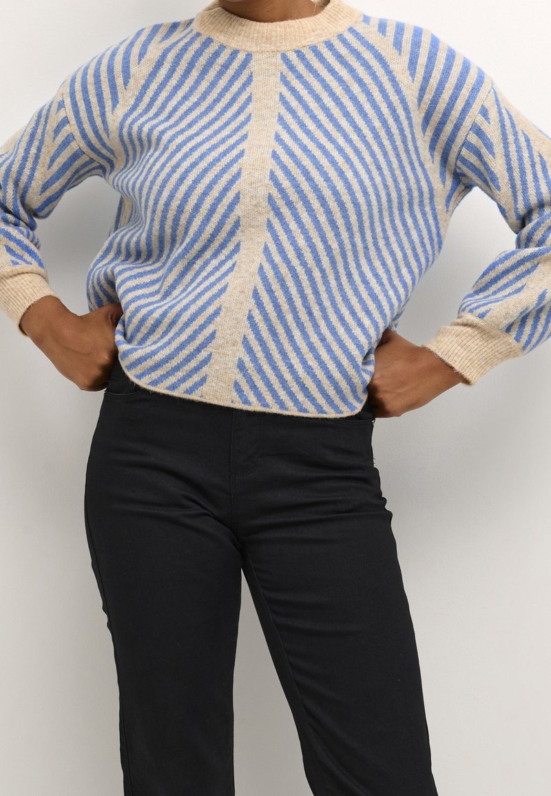 Pull rayé beige clair et bleu avec un col rond, des poignets côtelés et une coupe décontractée. Porté avec un pantalon noir, mettant en avant le motif.