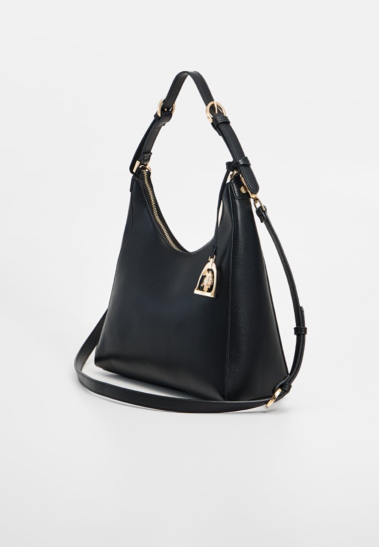 Schwarze Lederhandtasche mit strukturierter Form, goldenen Hardware-Akzenten und einem abnehmbaren Schulterriemen. Verfügt über eine strukturierte Oberfläche.