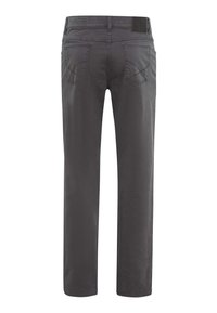 Jeans dritti grigi scuri realizzati in tessuto morbido, dotati di due tasche posteriori e dettagli di cucitura sottili. Design della cintura semplice.