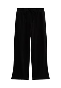 Zwarte wijde broek gemaakt van zachte stof, met een elastische tailleband en een koord voor een verstelbare pasvorm en zonder zichtbare patronen.