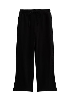 Zwarte wijde broek gemaakt van zachte stof, met een elastische tailleband en een koord voor een verstelbare pasvorm en zonder zichtbare patronen.