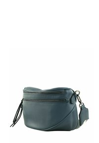 Sac bandoulière en cuir bleu avec deux compartiments zippés, une surface texturée, une sangle réglable et un détail de pompon sur le côté.