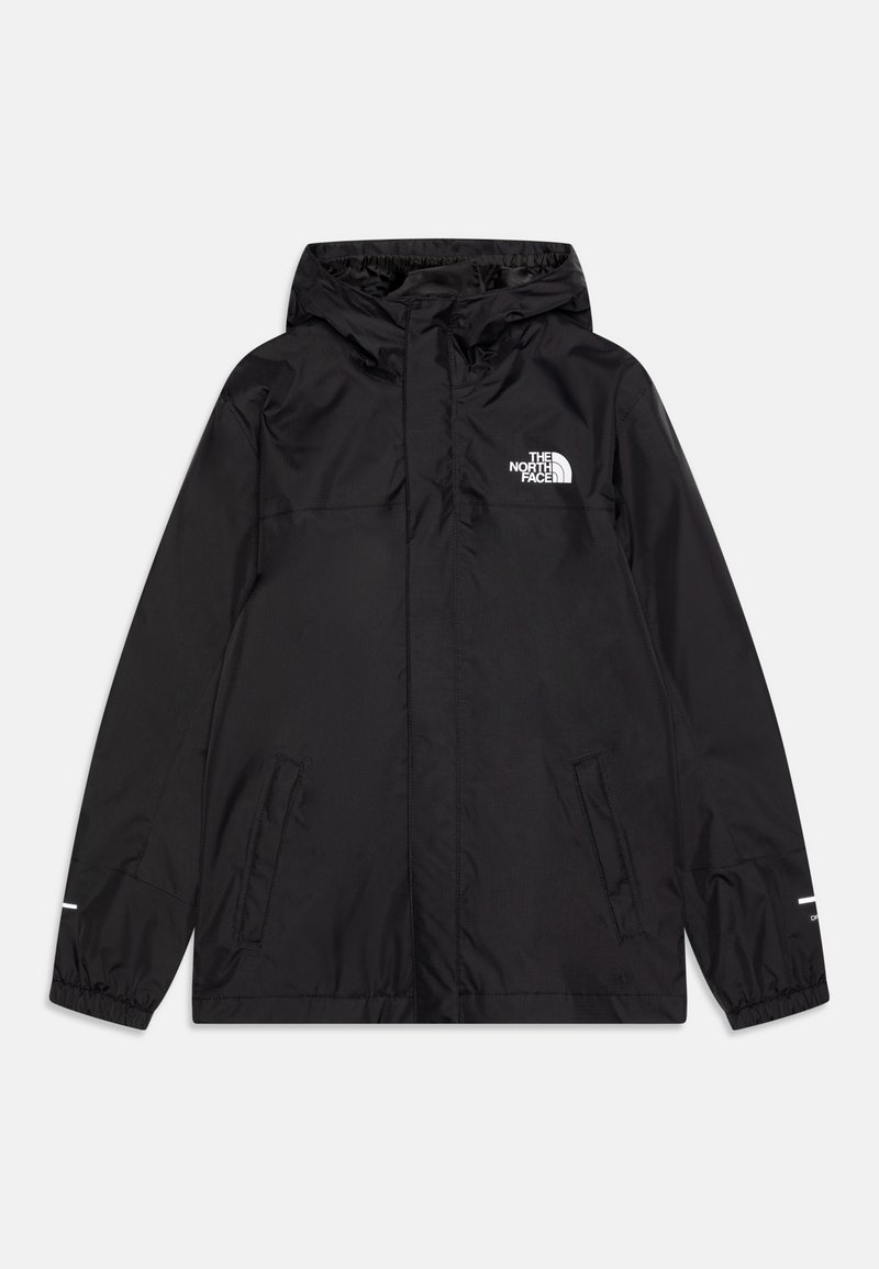 Black waterproof jacket with a hood, featuring a front zipper, two side pockets, elastic cuffs, and a white logo on the upper left side.