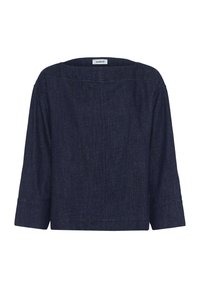 Tmavomodrá rifľová košeľa s dlhými rukávmi, širokým výstrihom a rovnakým, voľným strihom, zobrazená zozadu na bielom pozadí.