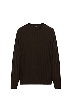 Brown ribbed sweater with long sleeves and a round neck. Features a textured fabric and a snug fit at the waist and cuffs.