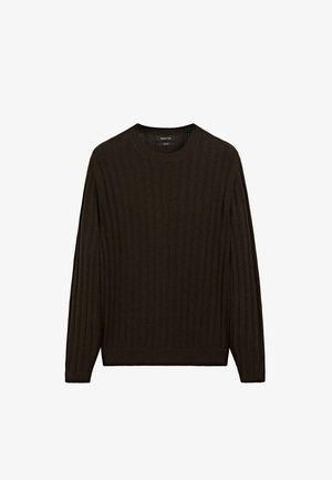 Brown ribbed sweater with long sleeves and a round neck. Features a textured fabric and a snug fit at the waist and cuffs.