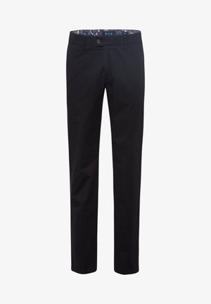 Zwarte katoenen broeken met een rechte pasvorm, voorzien van een patroon aan de binnenkant van de tailleband, knoopsluiting en zijzakken. Minimalistisch ontwerp.