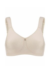 Beige bh met een patroonontwerp, voorzien van brede banden, een haaksluiting aan de voorkant en naadloze cups voor comfort. Getextureerde stof.
