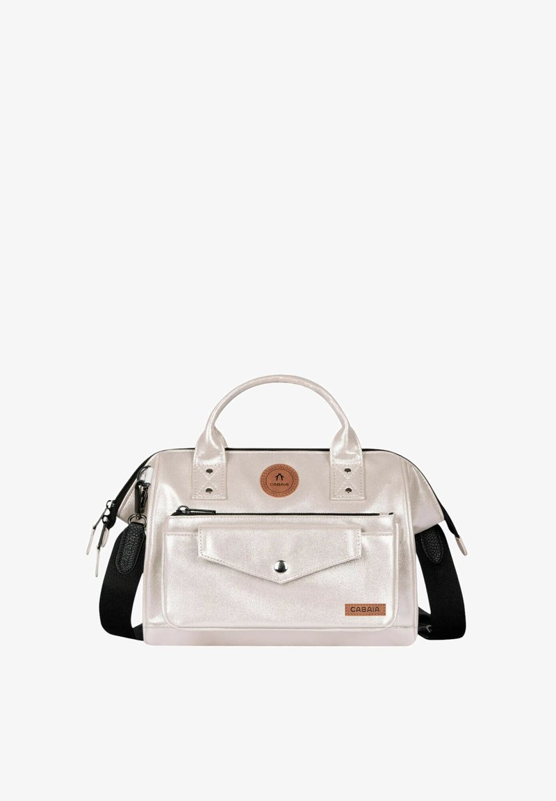 Metallic silver bag with two top handles, a front pocket with a snap, black zipper, and textured finish. Includes a leather brand accent.