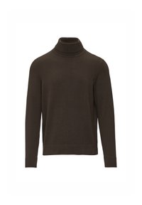 Pull en col roulé marron fabriqué à partir d'un tissu de tricot texturé. Il possède des manches longues et des poignets et ourlets côtelés pour un look ajusté.