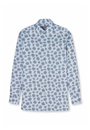 Lichtblauw overhemd met lange mouwen, knoopsluiting, donkerblauw bloemenpatroon en klassieke kraag, plat gelegd op een witte achtergrond.