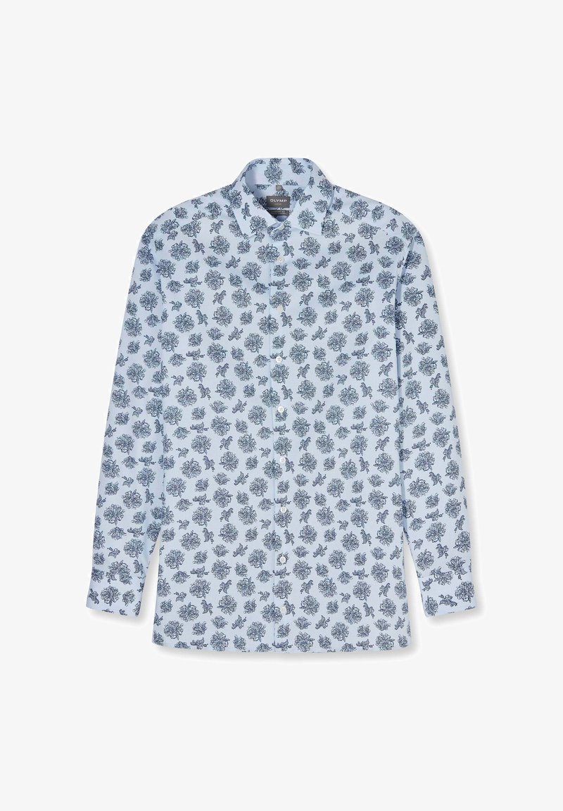 Hellblaues Langarm-Hemd mit dunkelblauem Blumenmuster und klassischem Kragen, flach auf weißem Hintergrund liegend.