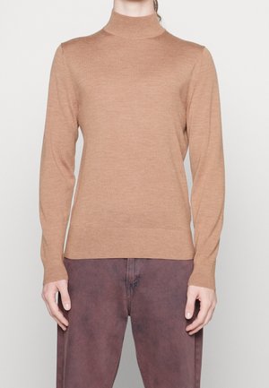 Brauner Rollkragenpullover aus leichtem, glatt gestricktem Material mit langen Ärmeln und gerippten Bündchen, mit einem dezenten Logo auf der Brust.