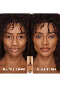 Airbrush foundation in a slim, clear bottle with a gold pump. Left side shows bare skin; right side displays a smooth, even complexion.