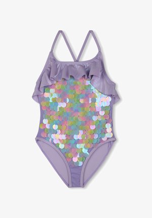 Maillot de bain une pièce en lilas clair avec un volan superposé au niveau du décolleté et un design scintillant en sequins pastel sur le devant.