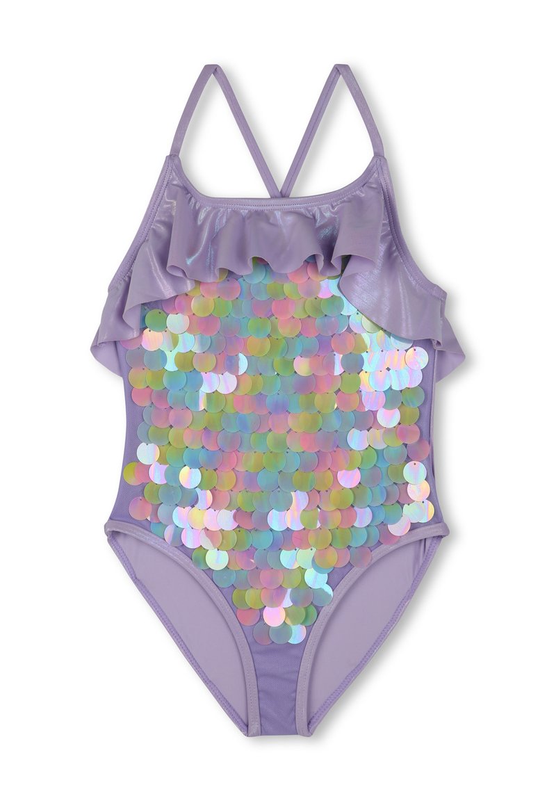 Maillot de bain une pièce en lilas clair avec un volan superposé au niveau du décolleté et un design scintillant en sequins pastel sur le devant.