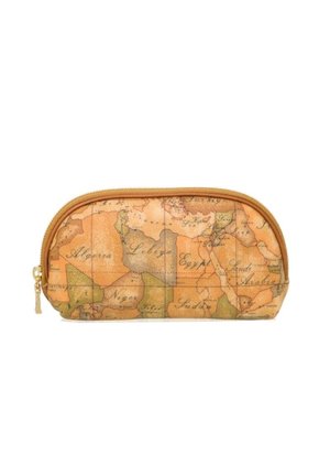Borsa a zip color tan con design della mappa del mondo. Realizzata in tessuto, presenta continenti verdi e marroni, chiusura in metallo dorato e forma arrotondata.